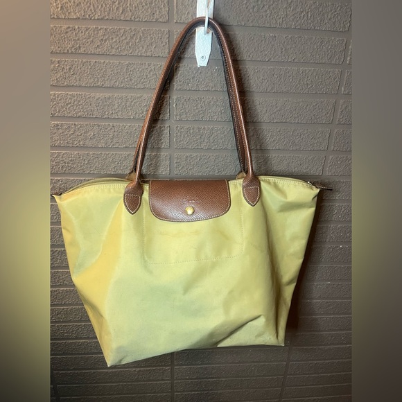 Longchamp Le Pliage Large Tote Khaki Brown Leather Nylon Bag - Picture 2 of 8